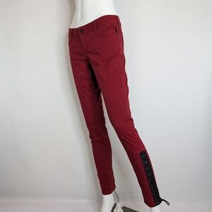 Tripp NYC Joan Jett Red Twill Skinny Jeans  Black Faux Leather Lace-up Hem Size